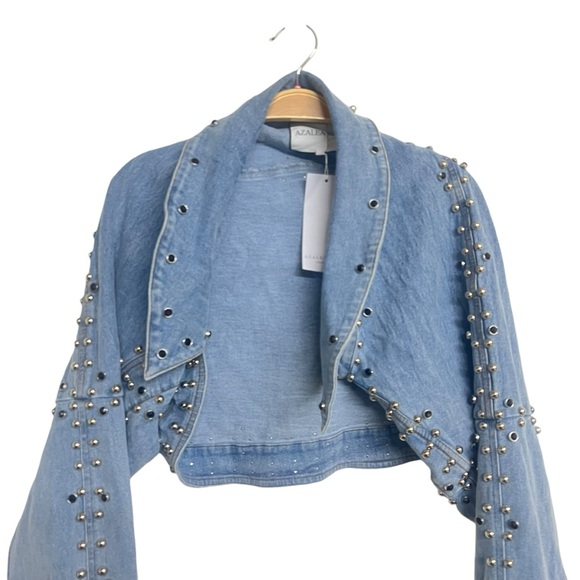 New Azalea Wang Alex Denim Draped Studded Jacket - Picture 4 of 8